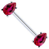 14K white gold straight barbell with dual red pear-cut CZ gemstones in prong settings, angled view