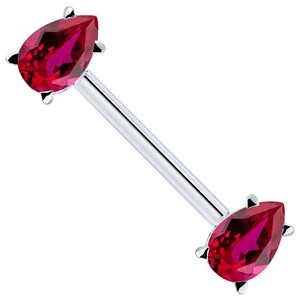 14K white gold straight barbell with dual red pear-cut CZ gemstones in prong settings, angled view