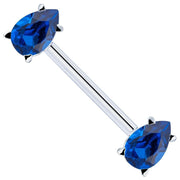 14K white gold straight barbell with dual blue teardrop CZ gemstones, angled view