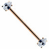 14k rose gold industrial barbell with dual clear teardrop cubic zirconia ends, full-length diagonal view