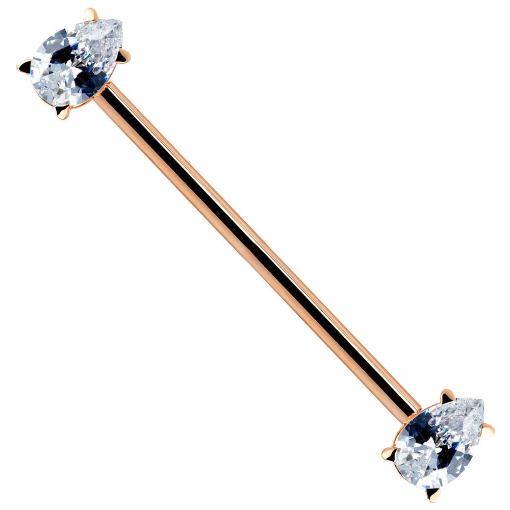 Clear Teardrop Gem 14k Gold Industrial Piercing Barbell-14k Rose Gold   16G (1.2mm)   1 9 16" (40mm)