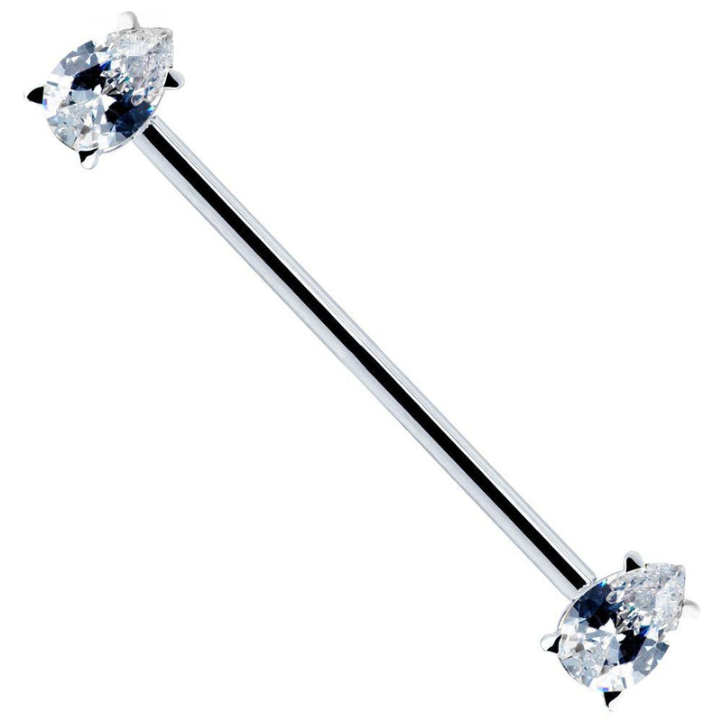 14k white gold industrial piercing barbell with clear pear-cut CZ gems, diagonal full-length view