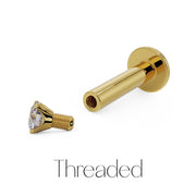 Diagram showing threaded CZ end screwing into 14k yellow gold flat back labret post replacement