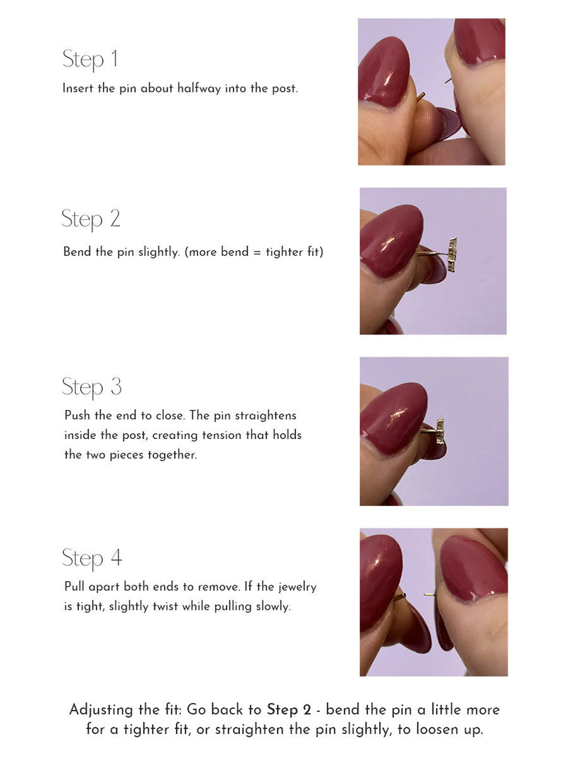 Four-step illustrated guide for inserting and removing an 18G threadless push pin flat back stud
