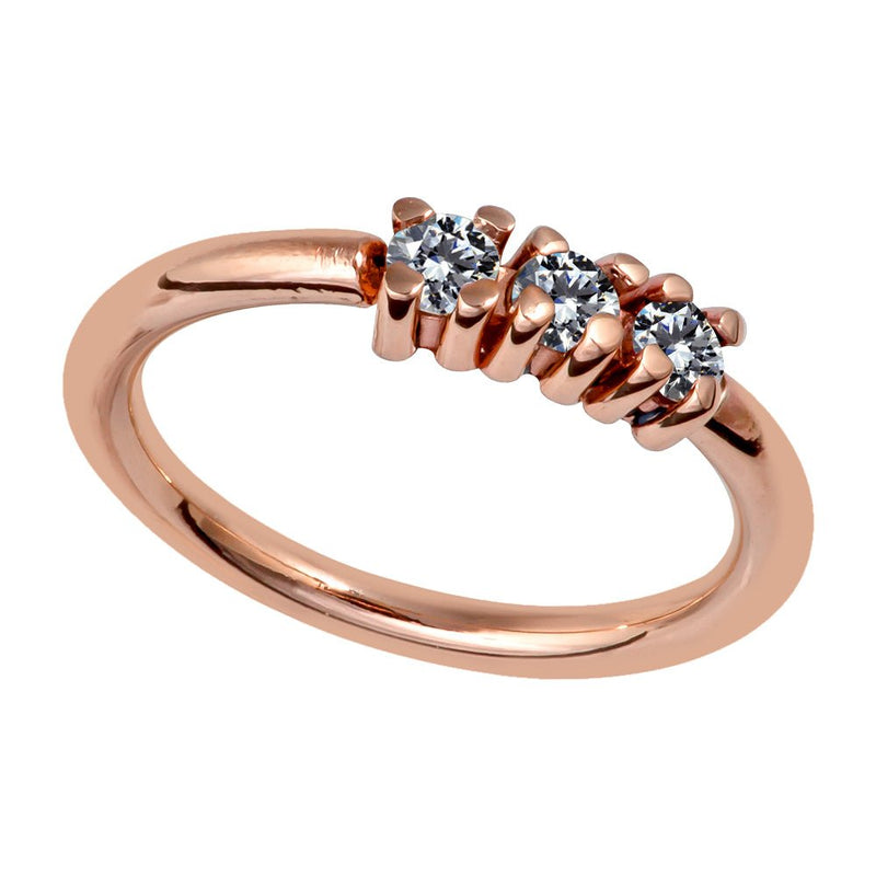 14k rose gold three-diamond side-set seam ring hoop, angled view showing sparkle