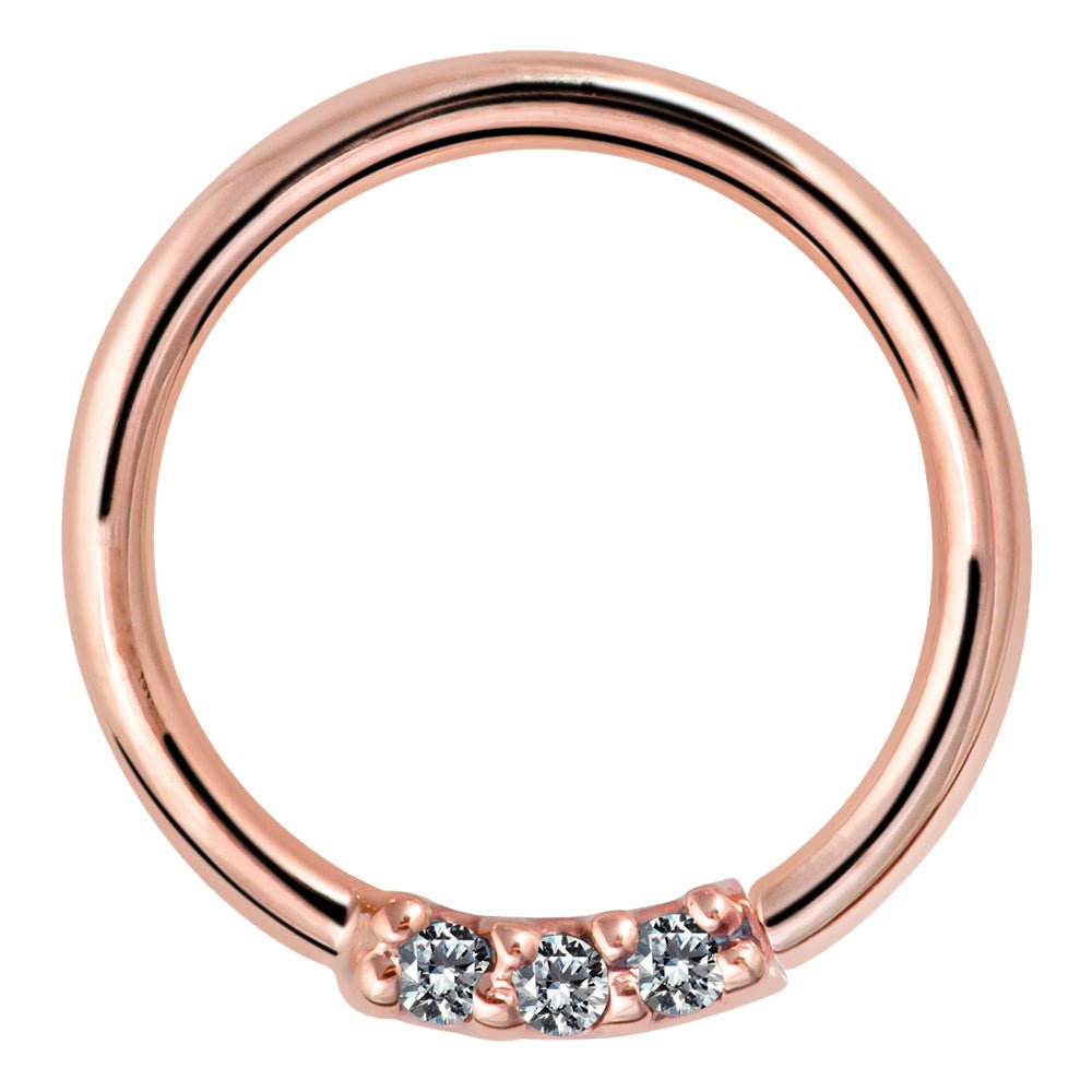 Three Diamonds Seamless Ring Hoop 14K Gold or Platinum-14K Rose Gold   18G   3 8" (9.5mm)