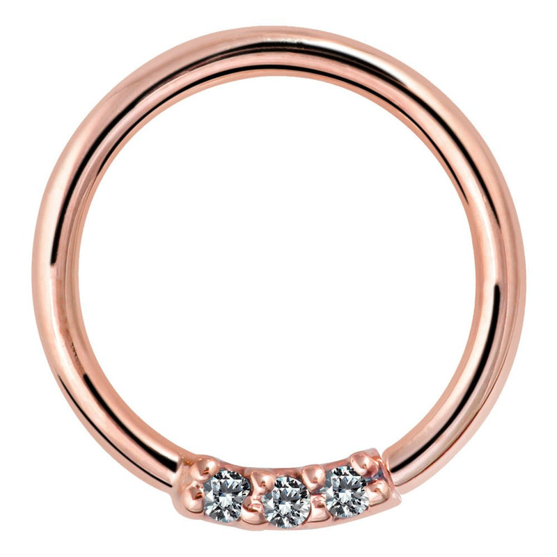 14K rose gold seam ring with three front-facing VS1 diamonds, front view on white background