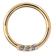 14K yellow gold seam ring with three front-facing VS1 diamonds, front view on white background