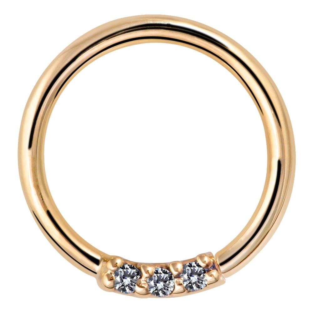 Three Diamonds Seamless Ring Hoop 14K Gold or Platinum-14K Yellow Gold   18G   3 8
