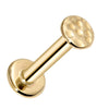 14K yellow gold hammered disc flat back labret stud, angled view showing textured disc and flat backing