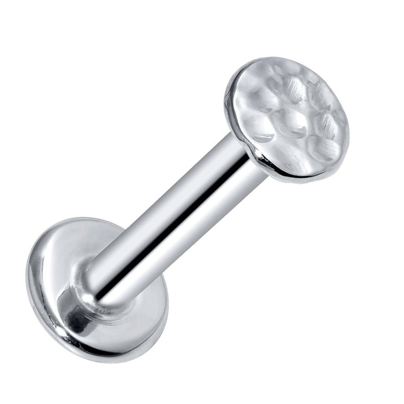 14K white gold hammered disc flat back labret stud, angled view showing textured disc and post