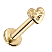 14k yellow gold hammered heart flat back labret showing angled view of 3mm heart charm and disc backing