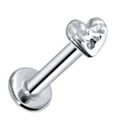 14k white gold hammered heart flat back labret, angled view showing cool silver tone and artisan-hammered heart charm