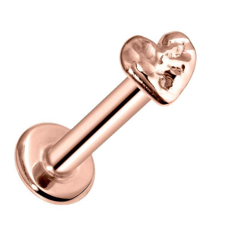 14k rose gold hammered heart flat back labret, angled view showing warm pink gold tone and textured 3mm heart charm