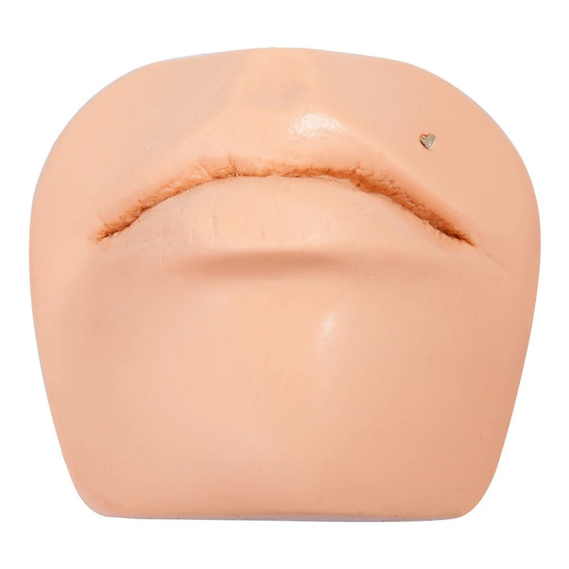Tiny 14k gold hammered heart flat back labret shown in lip piercing placement on silicone face model