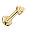 14k yellow gold hammered triangle flat back labret stud, angled view showing post and flat disc backing