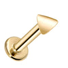 14k yellow gold 3mm triangle flat back labret stud, angled view showing polished charm and post