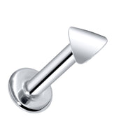 14k white gold 3mm triangle flat back labret stud, angled view showing high-polish silver-toned finish