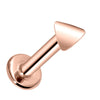 14k rose gold 3mm triangle flat back labret stud, angled view showing warm polished finish