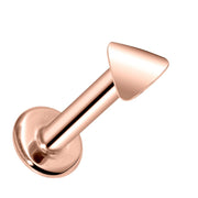 14k rose gold 3mm triangle flat back labret stud, angled view showing warm polished finish