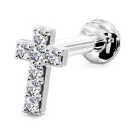 14k white gold diamond cross flat back labret, side-angled view clearly showing post length and flat disc back