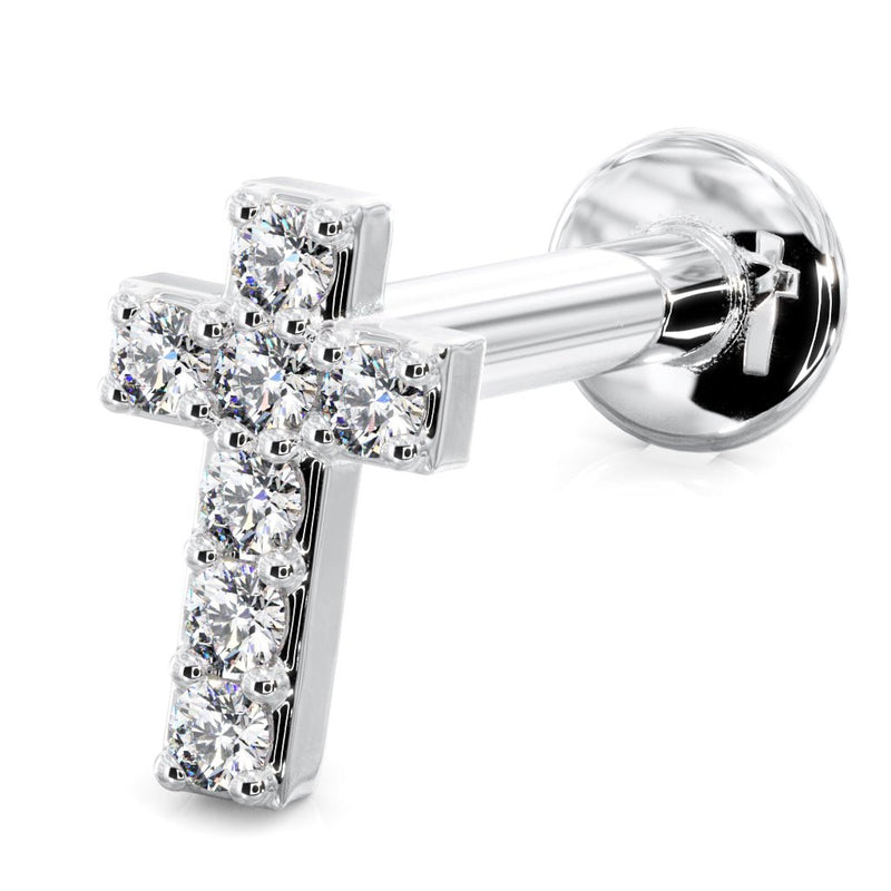 14k white gold diamond cross flat back labret, side-angled view clearly showing post length and flat disc back