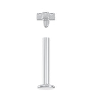 Exploded view of white gold diamond cross flat back stud showing threaded end separated from the labret post