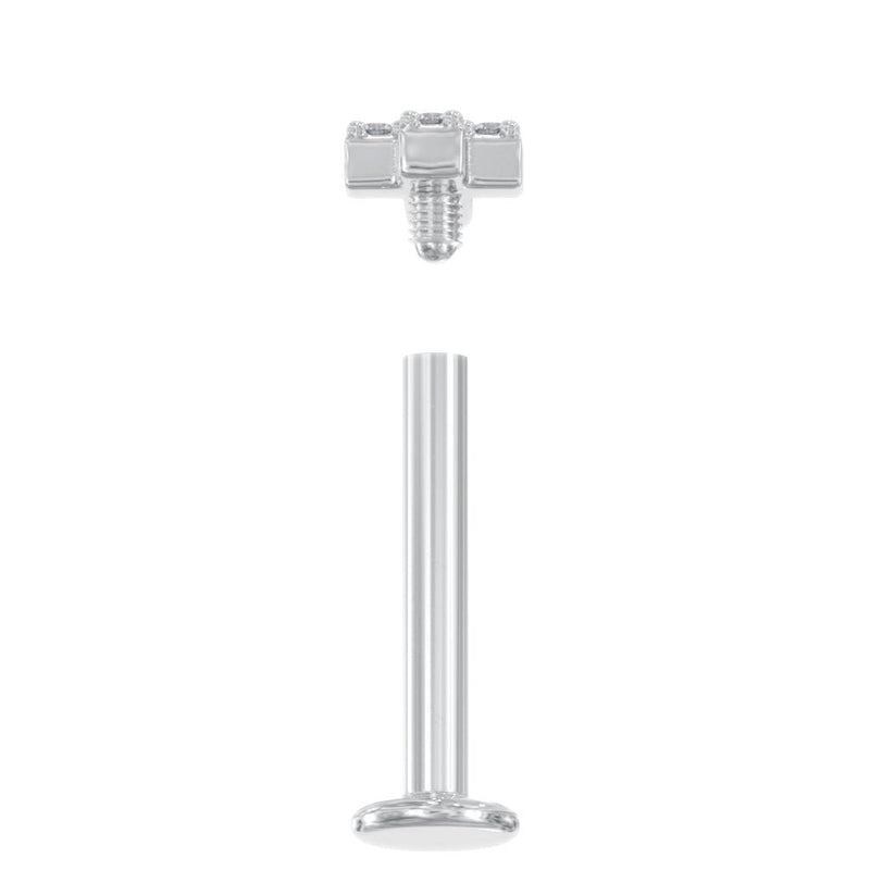 Exploded view of white gold diamond cross flat back stud showing threaded end separated from the labret post