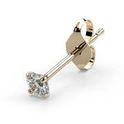 Angled view of 14K yellow gold diamond prong-set stud earring with butterfly backing detail