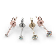 14K rose gold, white gold, and yellow gold diamond stud earrings angled side-by-side view