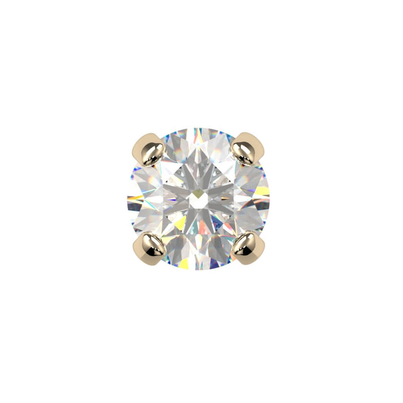 Close-up of round brilliant diamond in four-prong 14K yellow gold setting, front view