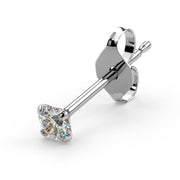 Angled view of 14K white gold diamond prong-set stud earring with butterfly backing detail