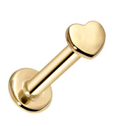 14k yellow gold heart cartilage flat back labret on white background showing full post length, side view