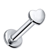 14k white gold tiny heart flat back labret showing polished silver-toned heart charm and disc, side view