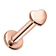 14k rose gold tiny heart flat back labret with warm pink-toned polished heart charm and disc, side view