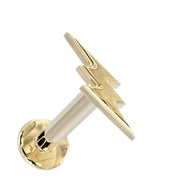 14k yellow gold lightning bolt flat back labret stud, angled view showing post and flat disc back