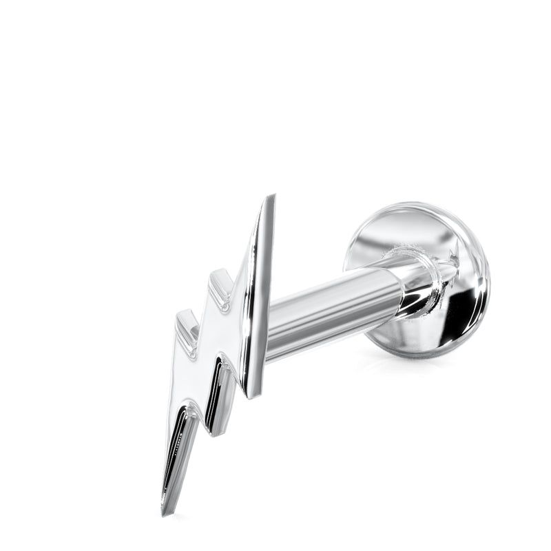14k white gold lightning bolt flat back stud, side-angle view showing polished finish and barbell post