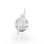 Front-on close-up of 14k white gold lightning bolt stud showing bold bolt shape and hand-polished surface