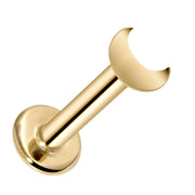 14k yellow gold crescent moon flat back labret stud, front-facing view highlighting warm gold finish