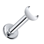 14k white gold crescent moon flat back labret stud, front-facing view showing polished moon top and disc base