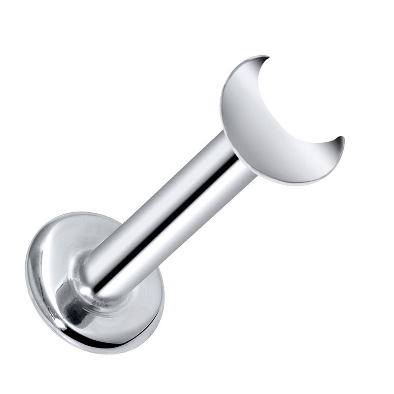 14k white gold crescent moon flat back labret stud, front-facing view showing polished moon top and disc base