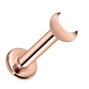 14k rose gold crescent moon flat back labret stud, front-facing view showing blush-toned polished moon charm