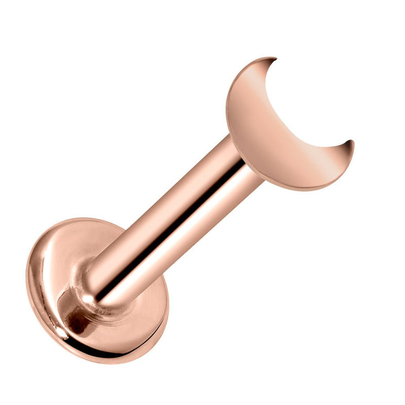 14k rose gold crescent moon flat back labret stud, front-facing view showing blush-toned polished moon charm