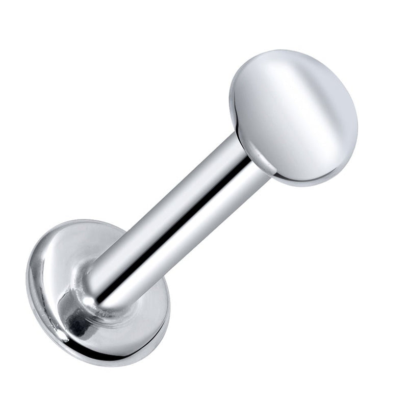 14K white gold 3mm disc flat back labret, front-facing view showing bright polished disc end