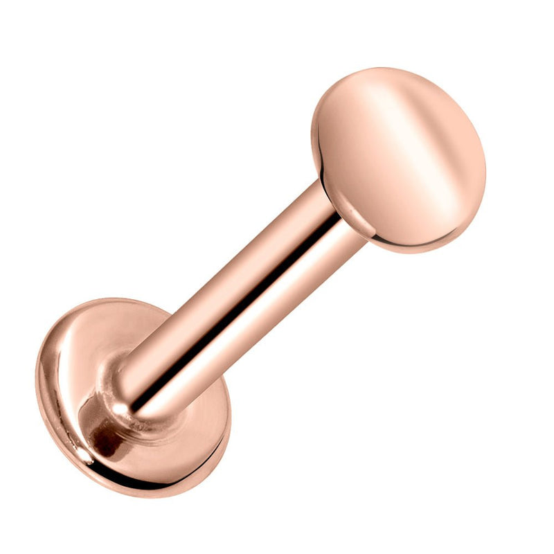 14K rose gold 3mm disc flat back labret, front-facing view showing warm-toned polished disc end