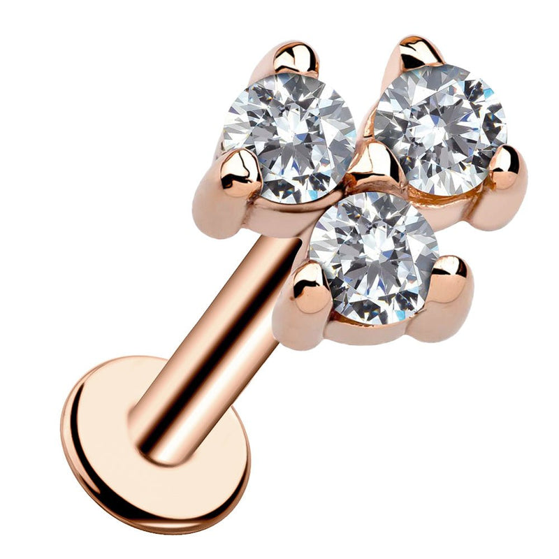 14k rose gold triple diamond flat back labret, front-facing view showing three prong-set diamonds on white background