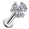 14k white gold triple CZ flat back labret, close-up front view showing three prong-set CZ cluster and disc back
