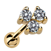 14k yellow gold triple CZ cartilage stud, angled view showing three-stone triangle cluster and ball post