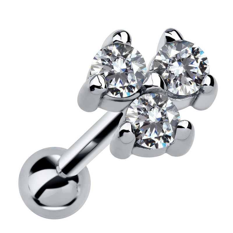 14k white gold triple CZ cartilage stud with three sparkling clear stones in prong cluster, angled view