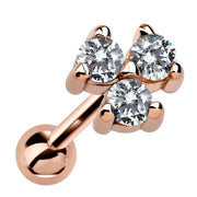 14k rose gold triple CZ cartilage stud with three clear stones, angled view showing warm pink gold finish